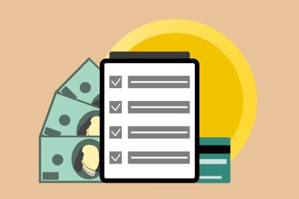 Ilustração de um tablet com marcas de verificação ao lado de cédulas de dólar e um cartão de crédito.