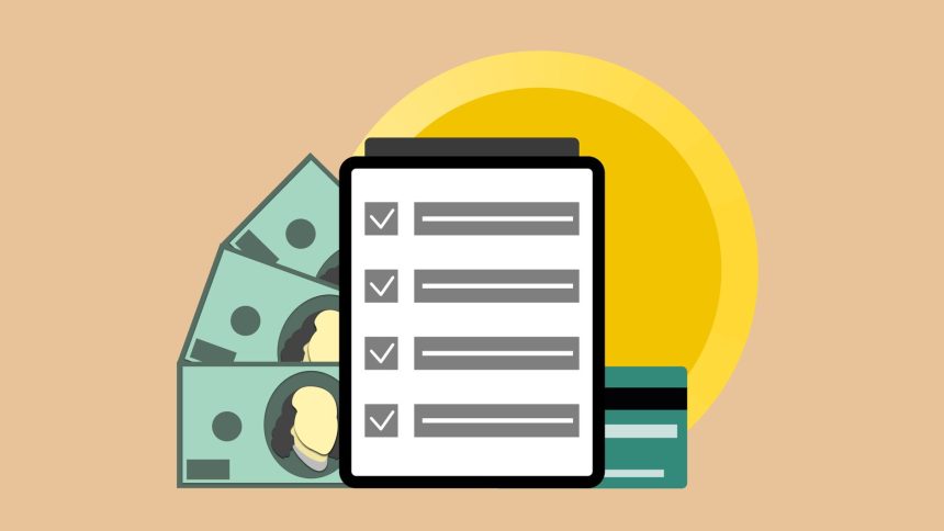Ilustração de um tablet com marcas de verificação ao lado de cédulas de dólar e um cartão de crédito.
